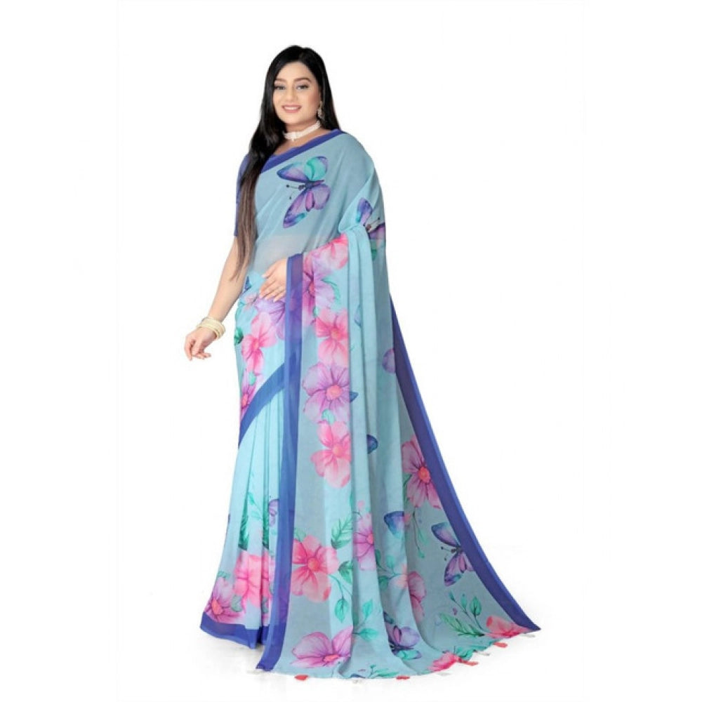 Women's Georgette Floral Printed Saree With Unstitched Blouse 5.5Mtr (Blue)