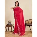 Women's Georgette Printed Saree With Unstitched Blouse 5.5Mtr (Red)