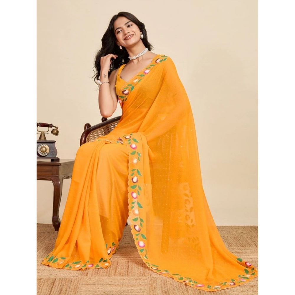 Women's Georgette Printed Saree With Unstitched Blouse 5.5Mtr (Yellow)
