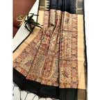Women's Tussar Silk Madhubani Saree With Unstitched Blouse 5.5Mtr (Black)