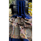 Women's Tussar Silk Madhubani Saree With Unstitched Blouse 5.5Mtr (Blue)