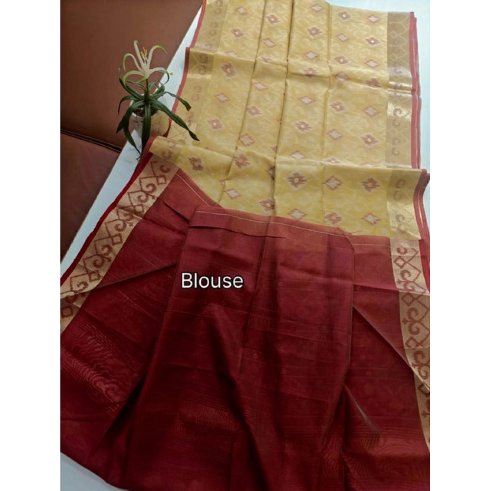 Women's Raw Silk Ikkat Saree With Unstitched Blouse 5.5Mtr (Beige)