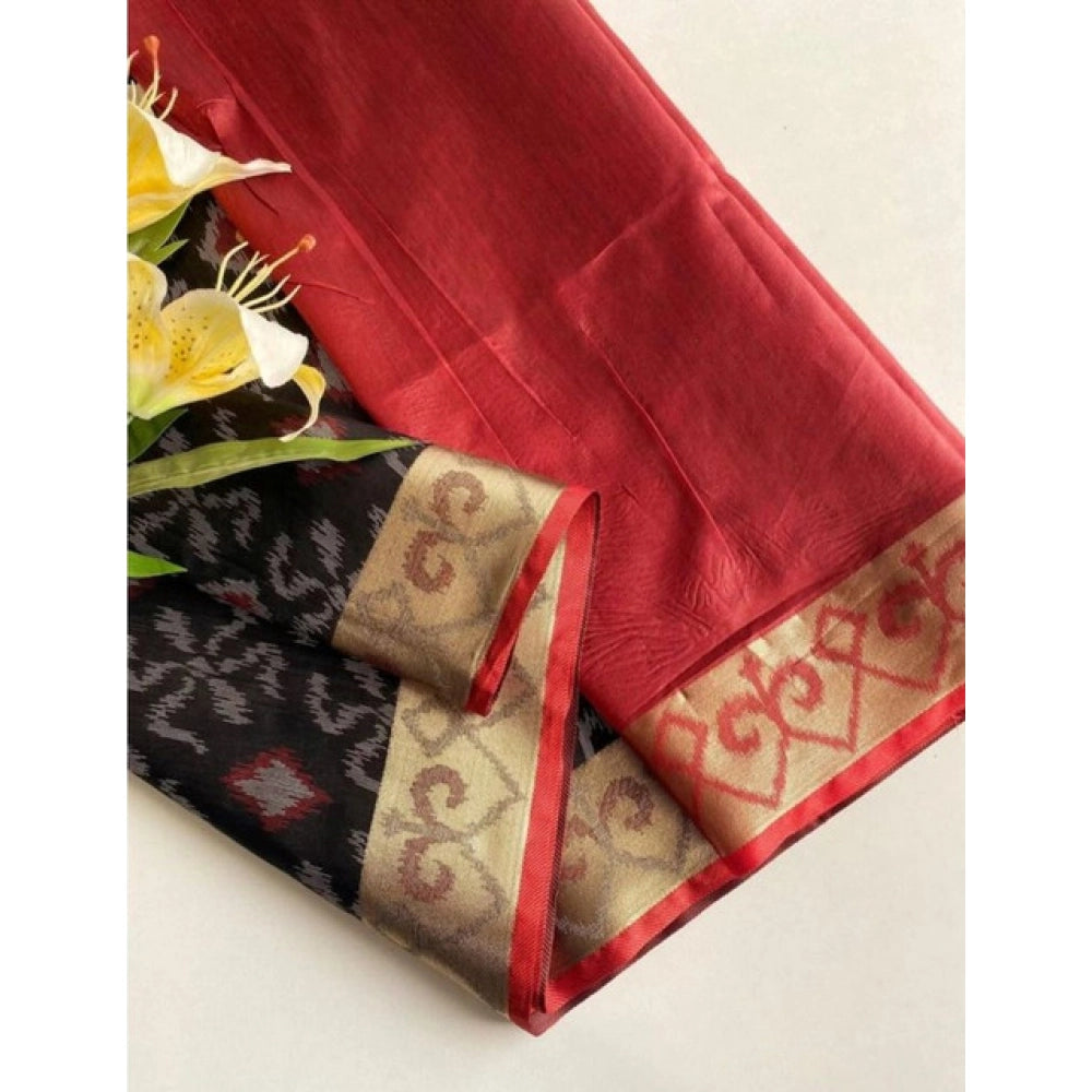 Women's Raw Silk Ikkat Saree With Unstitched Blouse 5.5Mtr (Black)