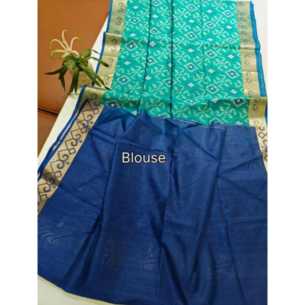 Women's Raw Silk Ikkat Saree With Unstitched Blouse 5.5Mtr (Sky Blue)