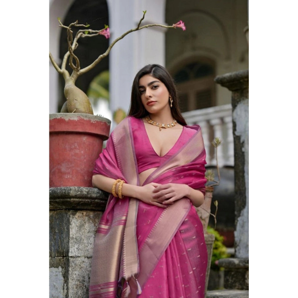 Women's Silk_Blend Butti Pattern Saree With Unstitched Blouse 5.5Mtr (Pink)