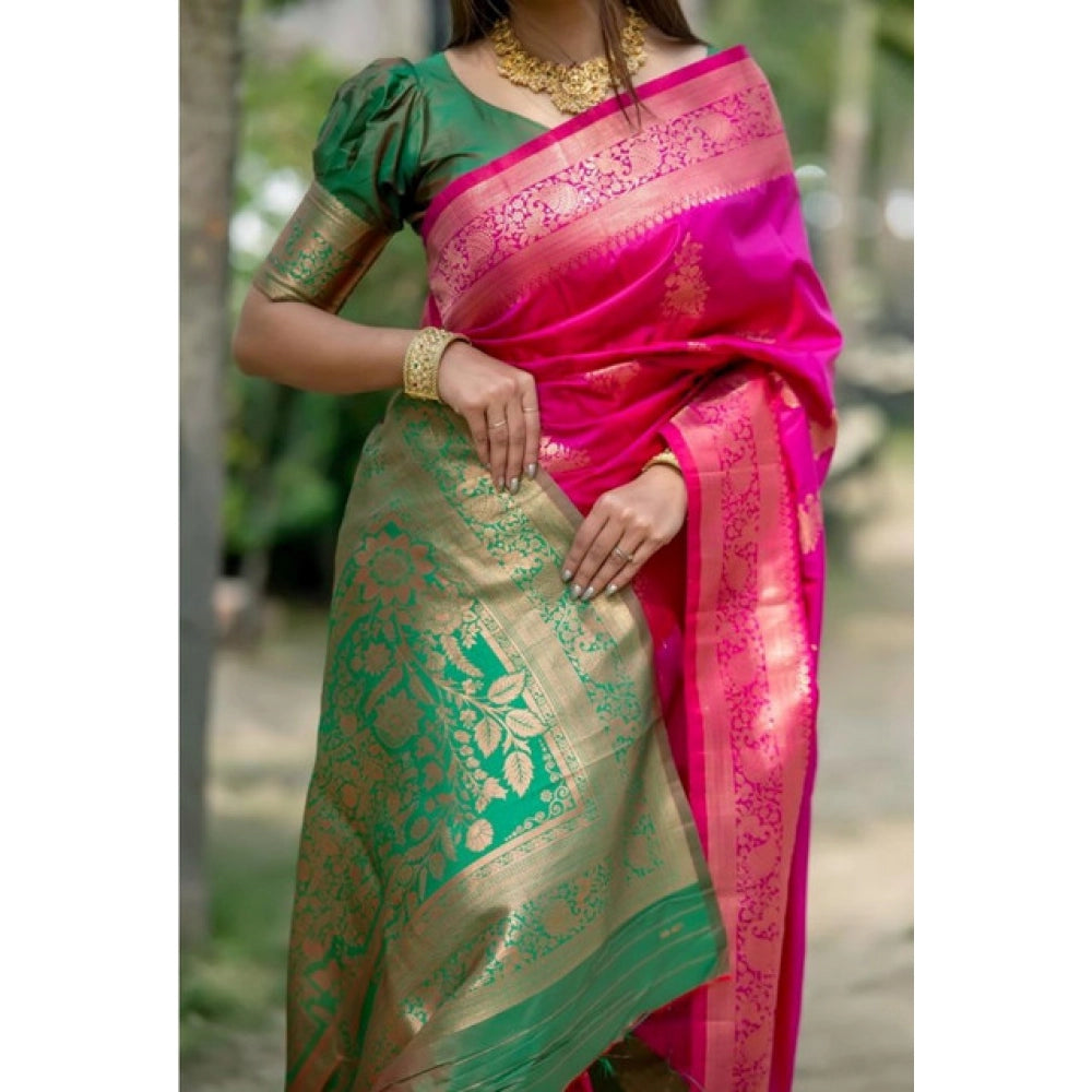 Women's Katan_Silk Zari_Weaving Saree With Unstitched Blouse 5.5Mtr (Pink)