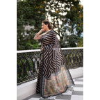 Women's Faux_Tussar_Silk Geometric_Print Saree With Unstitched Blouse 5.5Mtr (Black)