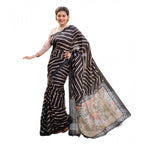 Women's Faux_Tussar_Silk Geometric_Print Saree With Unstitched Blouse 5.5Mtr (Black)