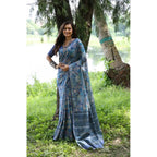 Women's Faux_Tussar_Silk Abstract_Print Saree With Unstitched Blouse 5.5Mtr (Blue)