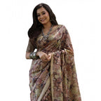 Women's Faux_Tussar_Silk Abstract_Print Saree With Unstitched Blouse 5.5Mtr (Brown)