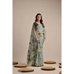 Women's Blended_Cotton Floral Motifs And Woven Buttas Saree With Unstitched Blouse 5.5Mtr (Teal)
