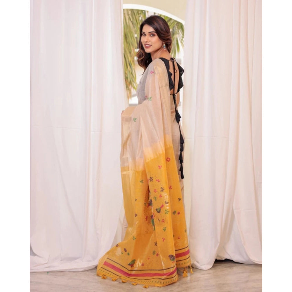 Women's Blended_Cotton Woven_Motifs Saree With Unstitched Blouse 5.5Mtr (Yellow)