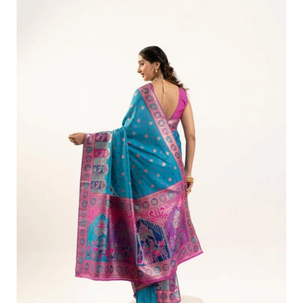 Women's Faux_Banarasi Woven Motifs Saree With Unstitched Blouse 5.5Mtr (Teal)
