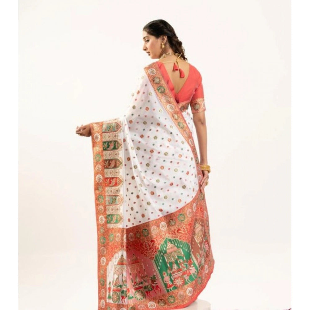 Women's Faux_Banarasi Woven Motifs Saree With Unstitched Blouse 5.5Mtr (White)