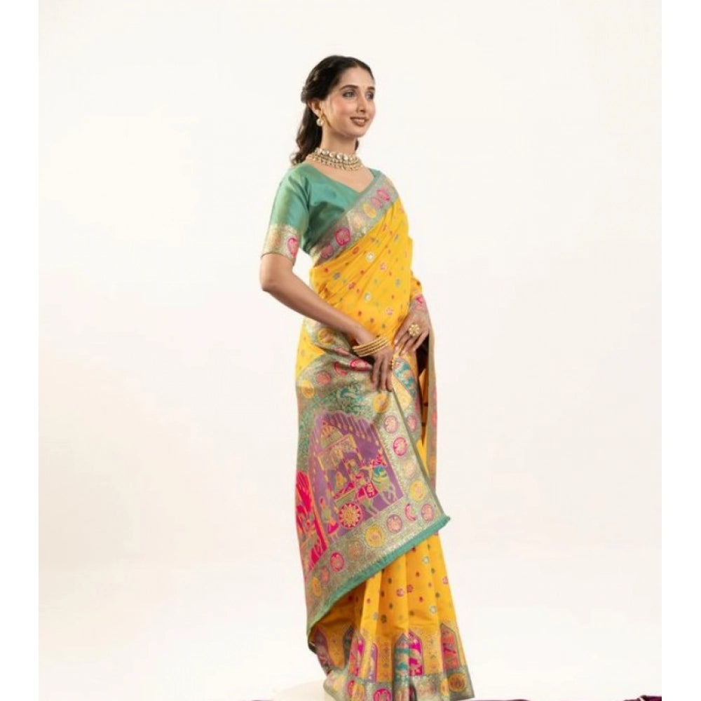 Women's Faux_Banarasi Woven Motifs Saree With Unstitched Blouse 5.5Mtr (Yellow)