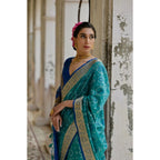 Women's Silk_Blend Ethnic Ikat Pattern Saree With Unstitched Blouse 5.5Mtr (Teal)