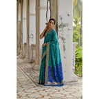 Women's Silk_Blend Ethnic Ikat Pattern Saree With Unstitched Blouse 5.5Mtr (Teal)
