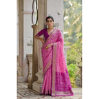 Women's Silk_Blend Ethnic Ikat Pattern Saree With Unstitched Blouse 5.5Mtr (Pink)