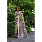 Women's Faux_Tussar Ethnic_Print Saree With Unstitched Blouse 5.5Mtr (Olive)