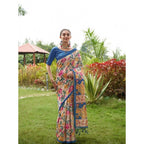 Women's Faux_Tussar Kalamkari_Print Saree With Unstitched Blouse 5.5Mtr (Blue)