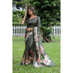 Women's Faux_Tussar Floral Saree With Unstitched Blouse 5.5Mtr (Olive)