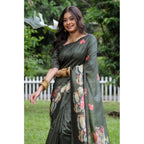 Women's Faux_Tussar Floral Saree With Unstitched Blouse 5.5Mtr (Olive)