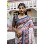 Women's Faux_Tussar Floral Jal With Patola Print Saree With Unstitched Blouse 5.5Mtr (Black)
