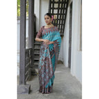 Women's Faux_Tussar Ikat Saree With Unstitched Blouse 5.5Mtr (Aqua_Blue)