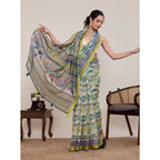 Women's Linen Floral Printed Saree With Unstitched Blouse 5.5Mtr (Pista Green)