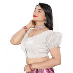 Women's Jimmy Solid Designer Neck Elastic Sleeve Readymade Blouse (White 38 , Alterable up to 42)-PID65836
