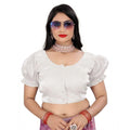 Women's Jimmy Solid Designer Neck Elastic Sleeve Readymade Blouse (White 38 , Alterable up to 42)-PID65836