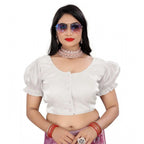 Women's Jimmy Solid Designer Neck Elastic Sleeve Readymade Blouse (White 38 , Alterable up to 42)-PID65836