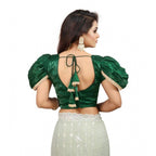 Women's Jimmy Solid V Neck Puff Sleeve Readymade Blouse (Green 38 , Alterable up to 42)-PID65839