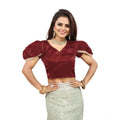 Women's Jimmy Solid V Neck Puff Sleeve Readymade Blouse (Maroon 38 , Alterable up to 42)-PID65840