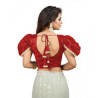 Women's Jimmy Solid V Neck Puff Sleeve Readymade Blouse (Red 38 , Alterable up to 42)-PID65844