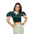 Women's Jimmy Solid V Neck Puff Sleeve Readymade Blouse (Teal 38 , Alterable up to 42)-PID65845