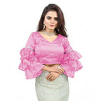 Women's Organza Solid V Neck Layered Ruffle Sleeve Readymade Blouse (Light_Pink Free Size , up to 38–40 Bust)-PID65846