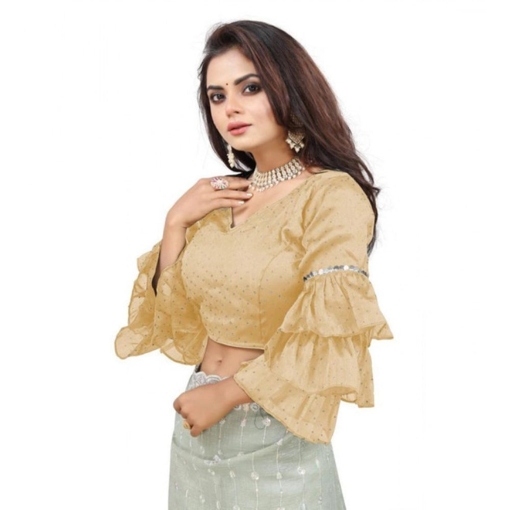 Women's Organza Solid V Neck Layered Ruffle Sleeve Readymade Blouse (Beige Free Size , up to 38–40 Bust)-PID65847