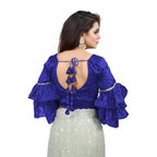 Women's Organza Solid V Neck Layered Ruffle Sleeve Readymade Blouse (Blue Free Size , up to 38–40 Bust)-PID65849