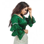 Women's Organza Solid V Neck Layered Ruffle Sleeve Readymade Blouse (Green Free Size , up to 38–40 Bust)-PID65850