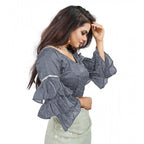 Women's Organza Solid V Neck Layered Ruffle Sleeve Readymade Blouse (Grey Free Size , up to 38–40 Bust)-PID65851