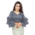 Women's Organza Solid V Neck Layered Ruffle Sleeve Readymade Blouse (Grey Free Size , up to 38–40 Bust)-PID65851