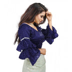Women's Organza Solid V Neck Layered Ruffle Sleeve Readymade Blouse (Navy Free Size , up to 38–40 Bust)-PID65855