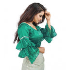Women's Organza Solid V Neck Layered Ruffle Sleeve Readymade Blouse (Rama Free Size , up to 38–40 Bust)-PID65857