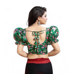 Women's Organza Printed V Neck Puff Sleeve Readymade Blouse (Green 38 , Alterable up to 42)-PID65863