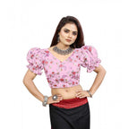Women's Organza Printed V Neck Puff Sleeve Readymade Blouse (Light_Pink 38 , Alterable up to 42)-PID65864