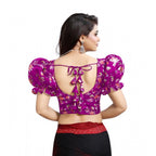 Women's Organza Printed V Neck Puff Sleeve Readymade Blouse (Light_Purple 38 , Alterable up to 42)-PID65865