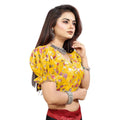 Women's Organza Printed V Neck Puff Sleeve Readymade Blouse (Mustard 38 , Alterable up to 42)-PID65867
