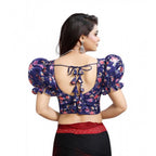 Women's Organza Printed V Neck Puff Sleeve Readymade Blouse (Navy 38 , Alterable up to 42)-PID65868