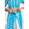 Women's Faux Linen Leaf Print Ready to wear Saree With Unstitched Blouse 5.5Mtr (SkyBlue &amp; White)